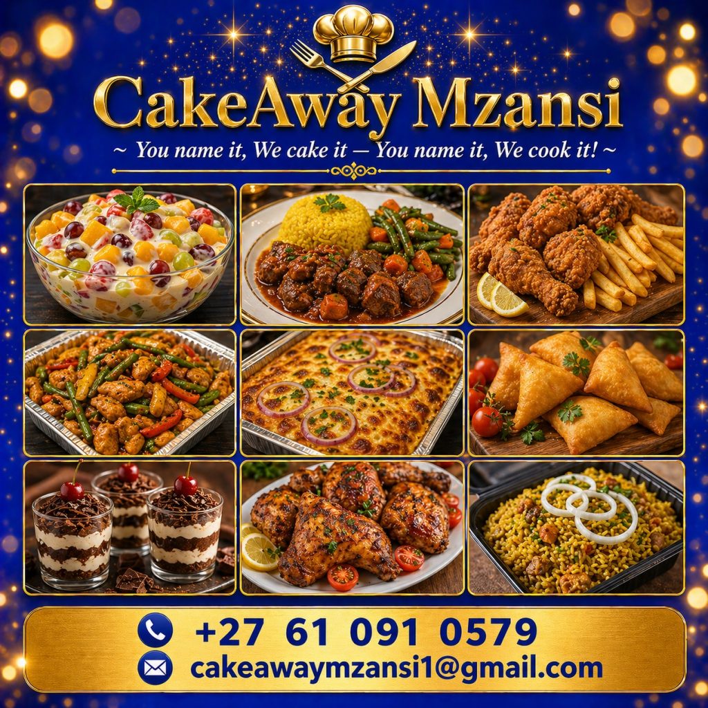 CakeAway Mzansi Durban food menu showcase royal blue poster