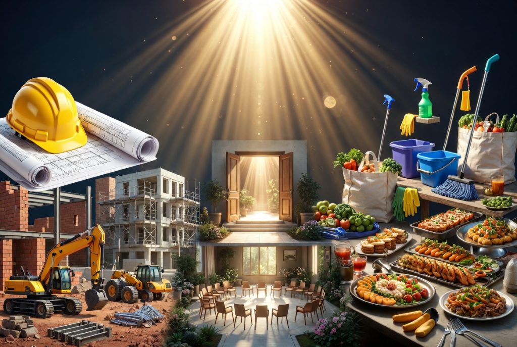 Three businesses, one powerful banner — construction, rehabilitation and catering services united by golden light.