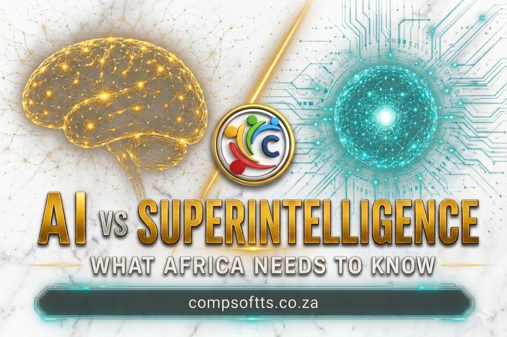 AI vs Superintelligence blog banner — brain and AI core on white marble background — Compsoft Solutions Durban