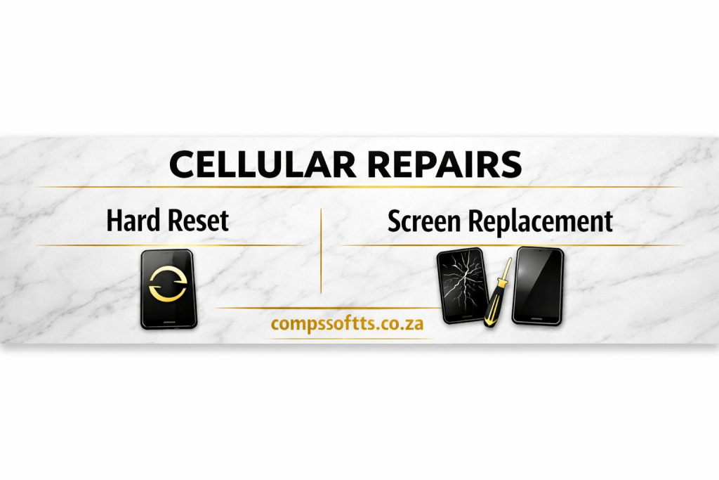 Cellular repair services by Compsoft Solutions Durban including screen replacements and battery swaps.