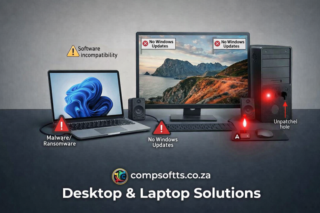 Is Your Computer Trying to Tell You Something? The Real Cost of Skipping Updates Desktop and laptop showing security warnings for outdated Windows updates and malware risks - Compsoft Solutions Durban